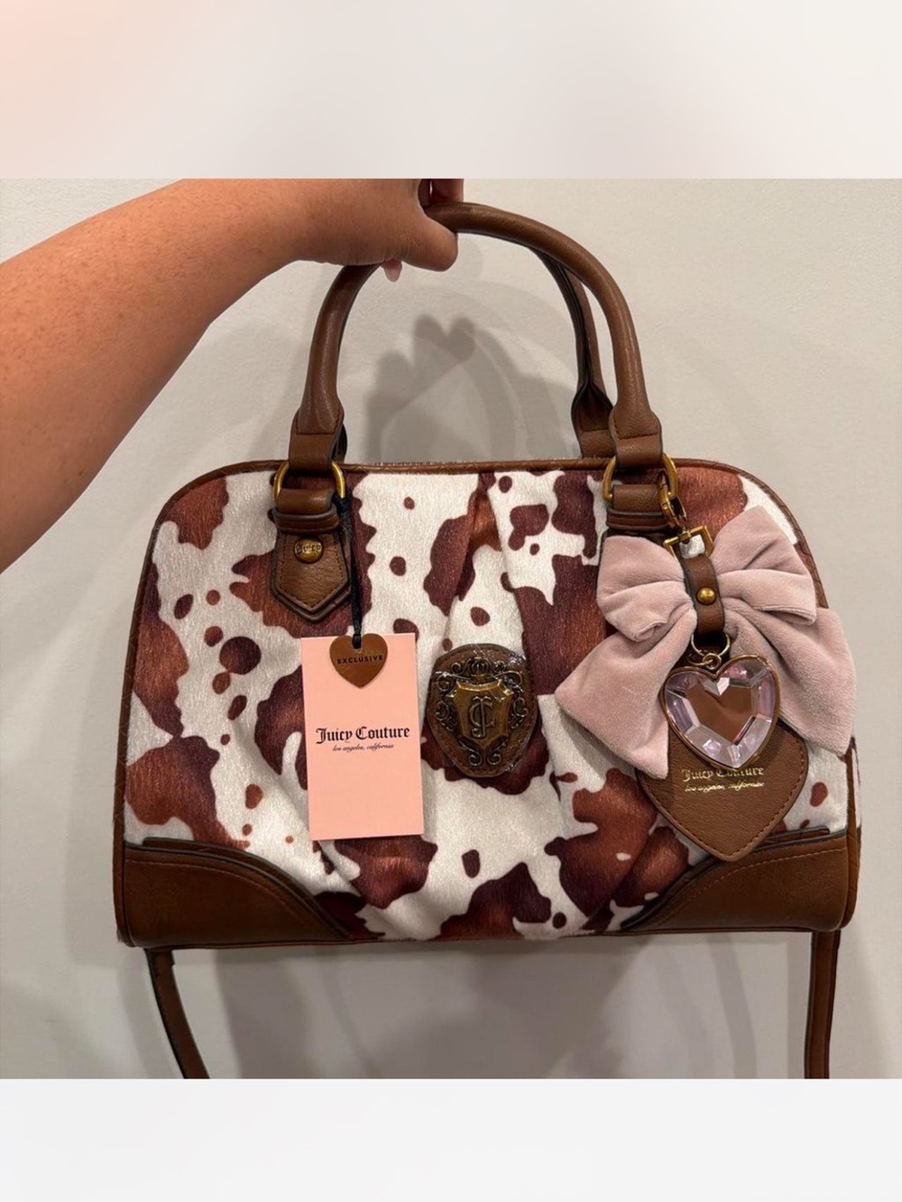 🎀Juicy Couture~Brown & White Cowprint Satchel with Pink Bow Charm
